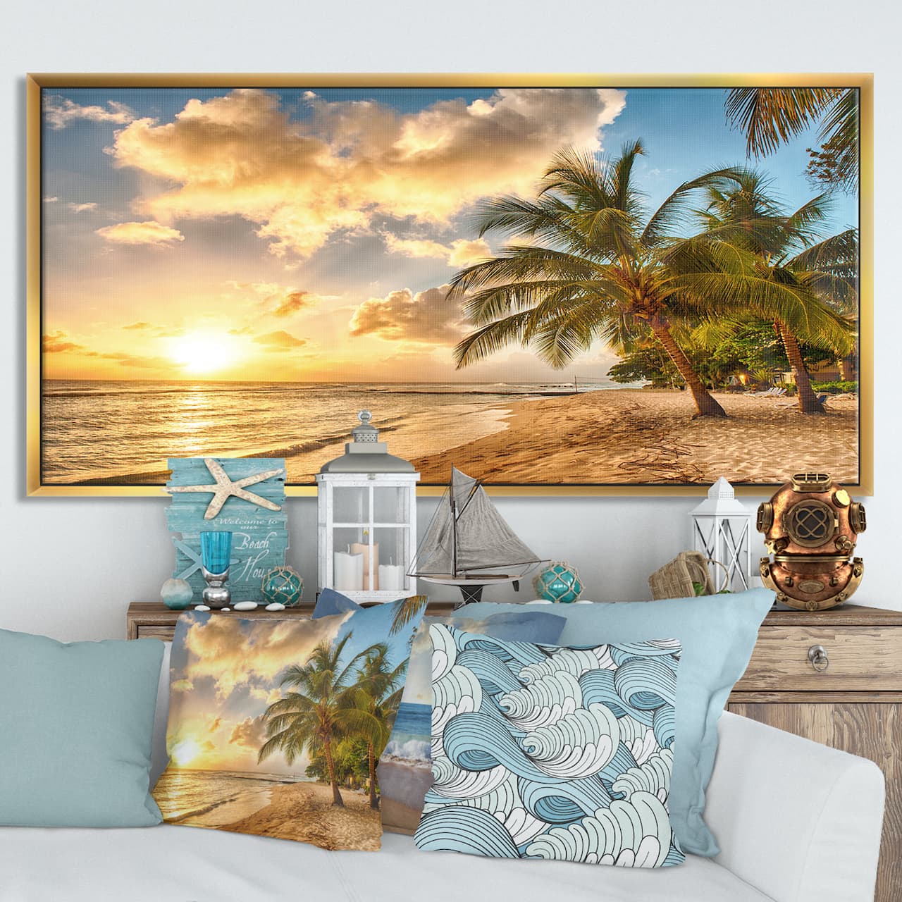 Designart - Gorgeous Beach of Island Barbados - Modern Seascape Framed Canvas Artwork